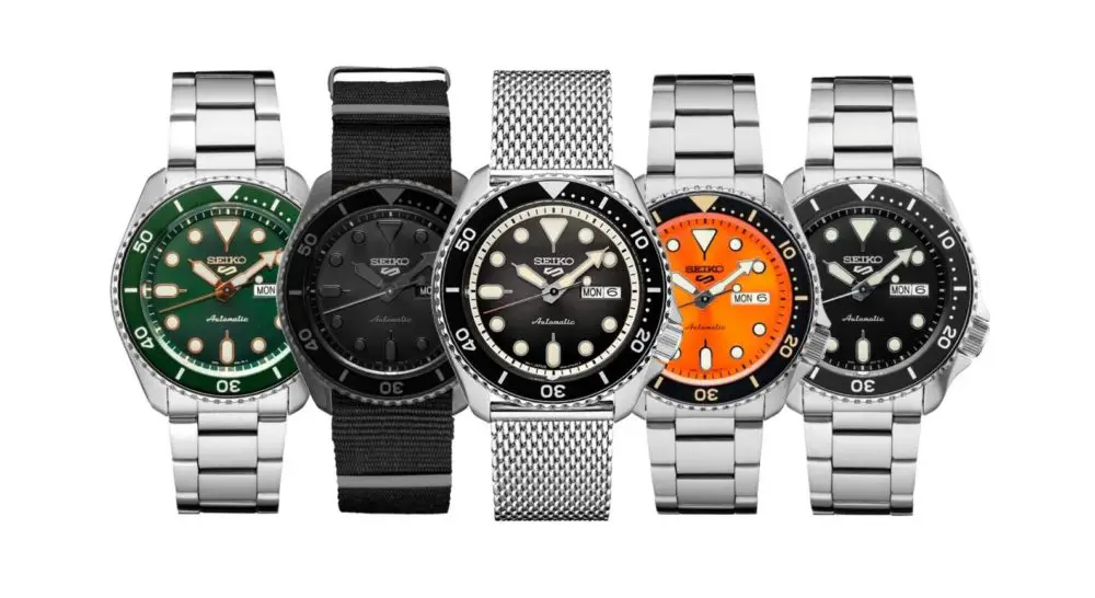 Different Seiko 5 watches with various dial colors