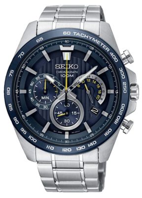 A blue Seiko watch with chronograph feature