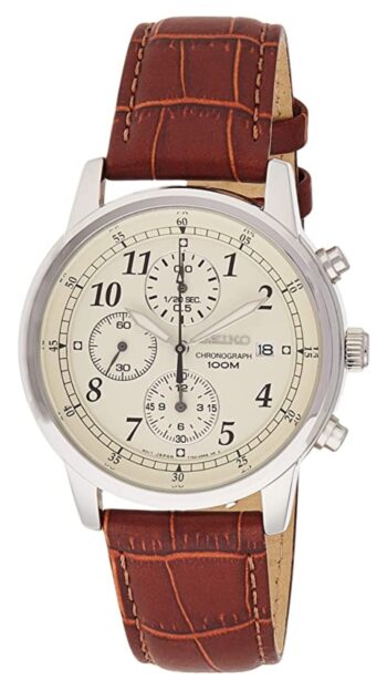 Classic beige analog watch with brown leather strap