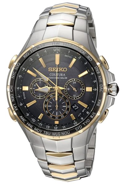 Silver and gold toned solar radio watch