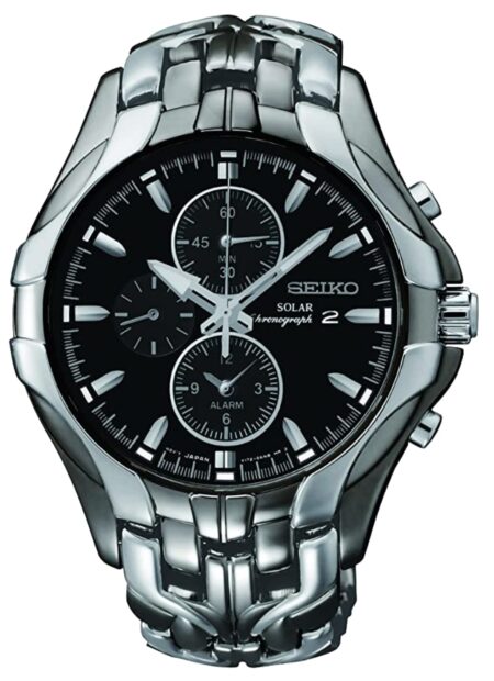 Flashy gunmetal Seiko watch with black face