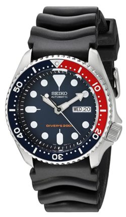 Seiko watch with red and blue bezel and rubber band