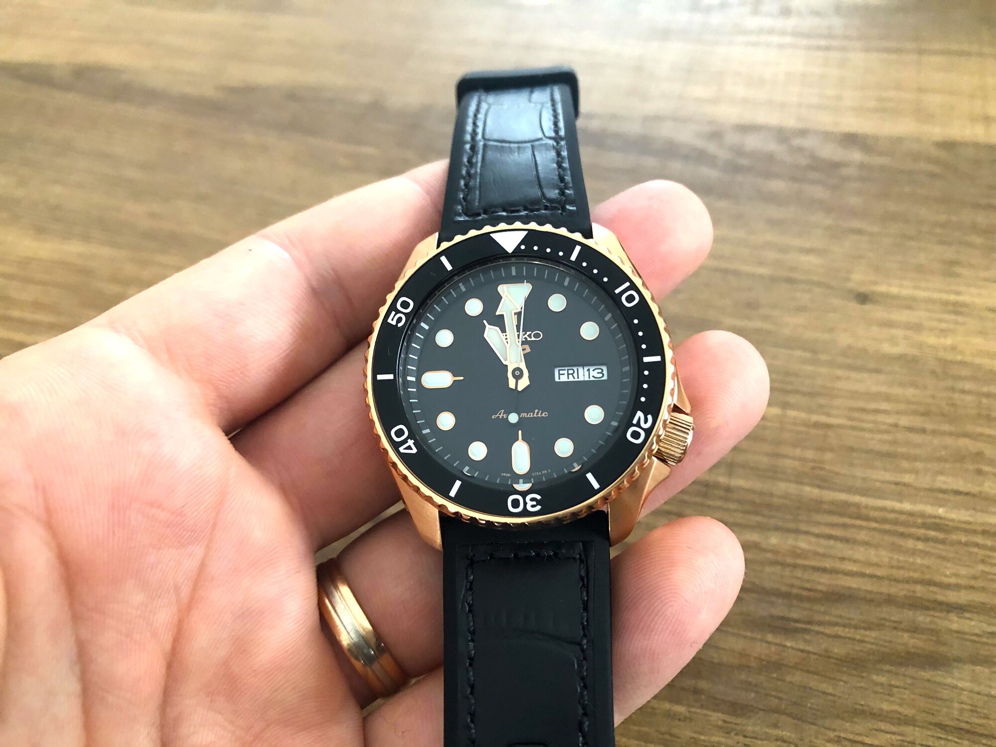 Black silicone strap on the Seiko SRPD watch
