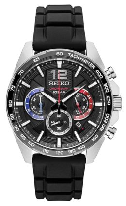 Seiko sports chrono with blue and red accents and rubber band