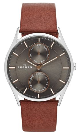 Slim minimalist timepiece with brown leather band