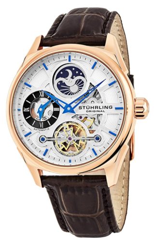 A pompous skeleton watch with rose-gold tone case and leather strap