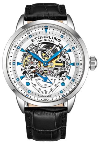 A skeletonized Stuhrling automatic watch with blue hands and indices