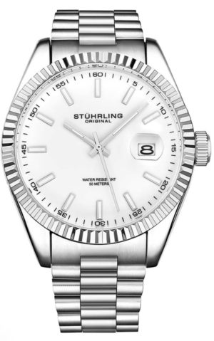 Stuhrling dress watch with a fluted bezel and an all-silver appeal