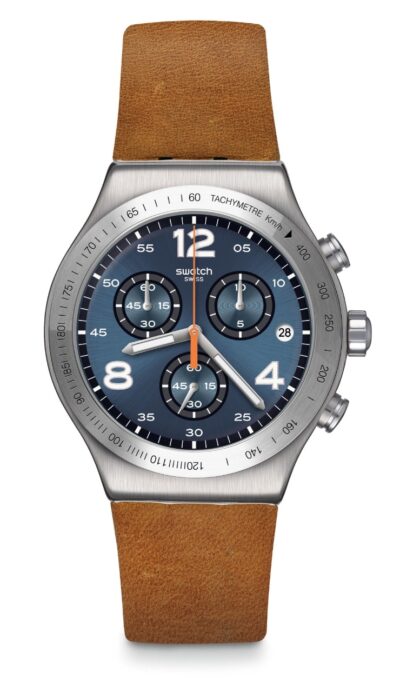 stainless steel timepiece with brown leather and tachymeter bezel