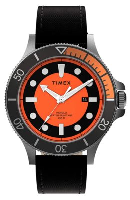 A dive-inspired Timex with black strap and unidirectional bezel