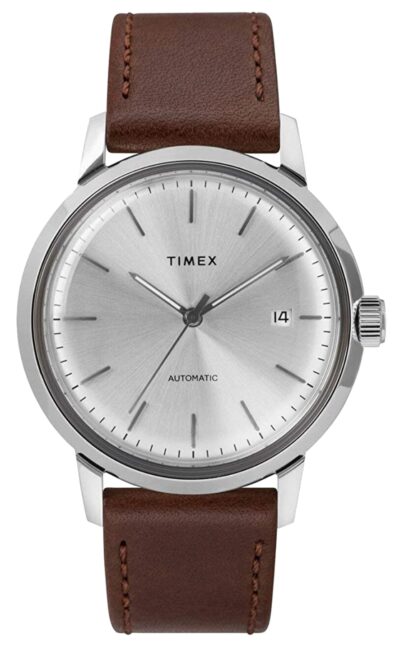 silver dial and brown leather timepiece