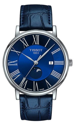 Tissot moon phase watch with Roman numerals and deep blue face