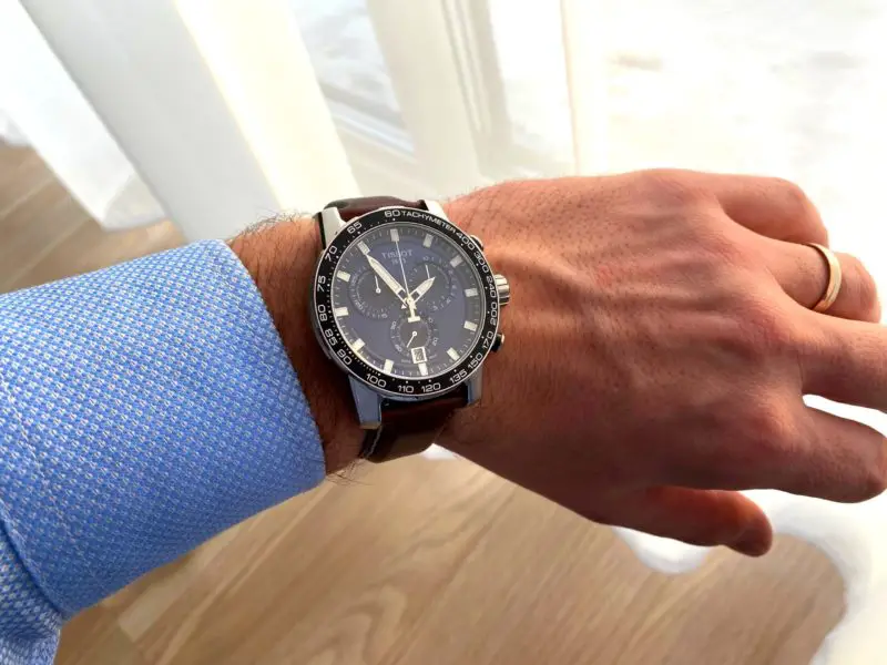 Oversized Tissot chronograph on a man's wrist