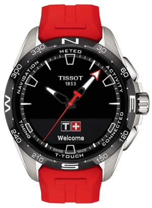 A Swiss-made solar tactile watch with red band