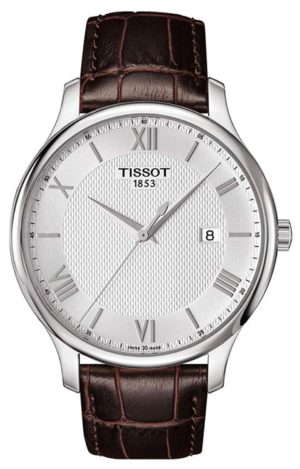 Thin Tissot men's watch with textured dial and leather band