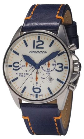 A Swiss-made Torgoen piece with blue hands and luminescent dial