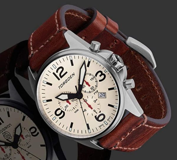 Torgoen watch with leather band and creme dial