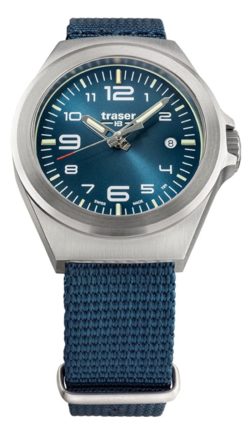 Swiss-made tritium lume watch with blue strap