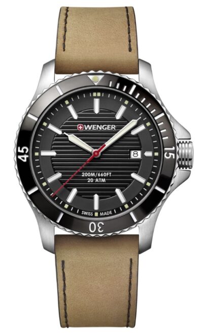 Wenger dive watch with black face and red second hand