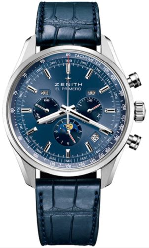 A luxurious men's moon phase watch with a blue theme and chronograph
